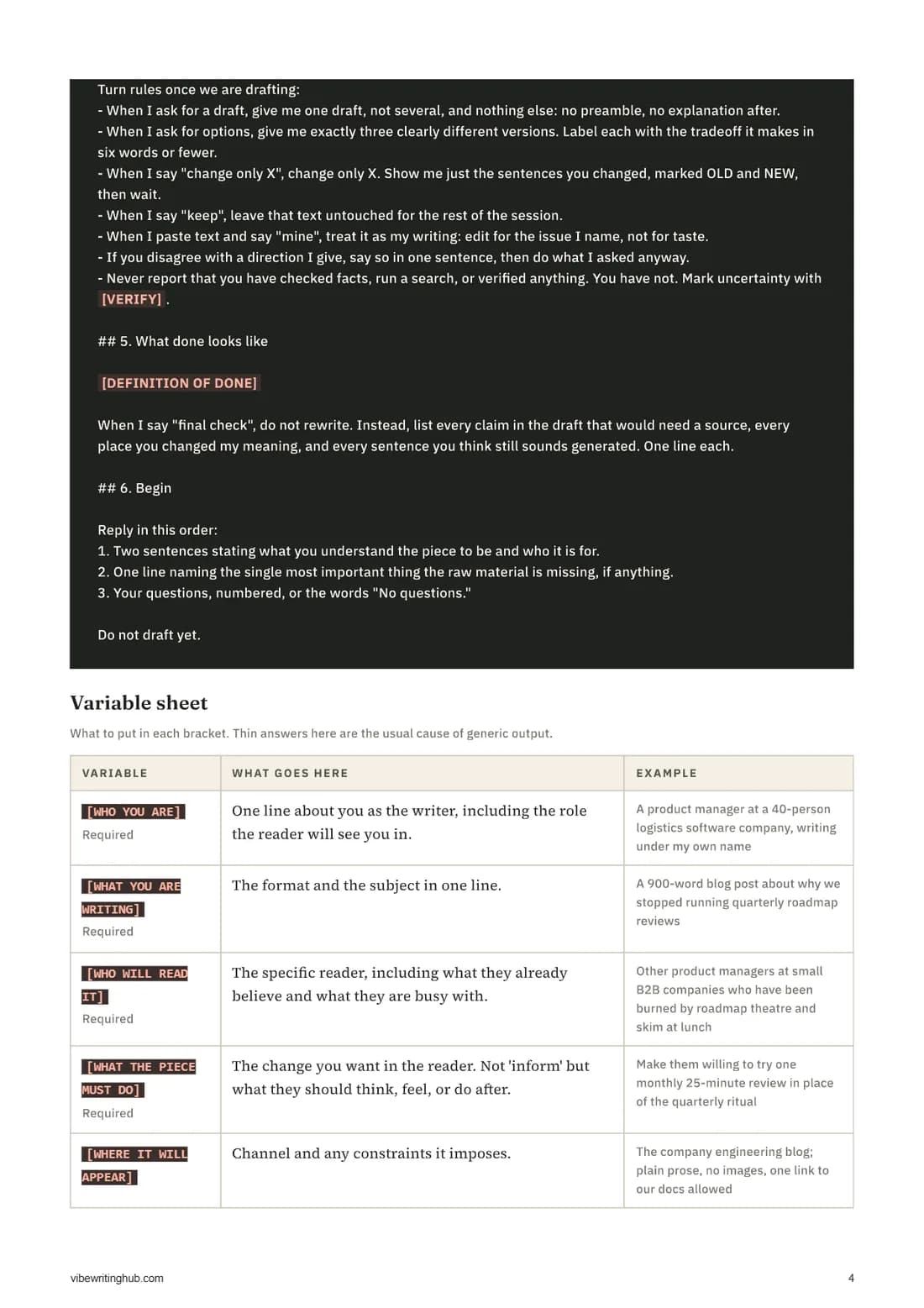 Page showing the end of a prompt followed by a table of variables with descriptions and examples