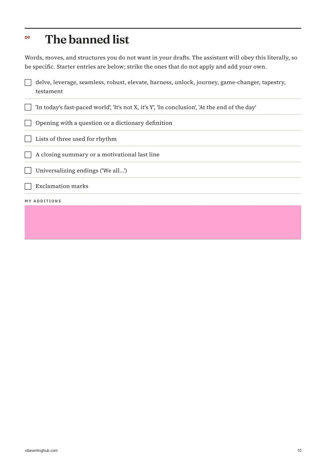 Checklist page of banned words and moves with space for additions