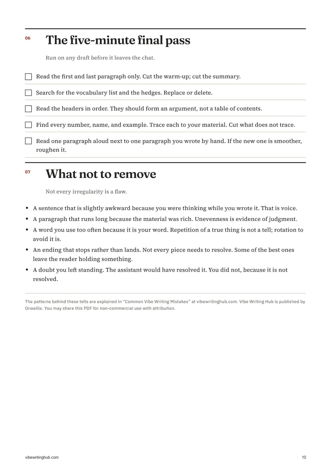 Final page with a five-step checklist and a list of things to leave alone